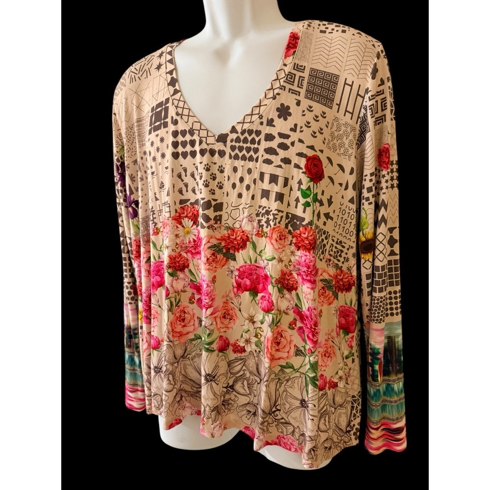 Johnny Was Women Tee L‎ Bamboo Patchwork Floral Long Sleeve Swing Boho R16120B - Picture 4 of 9
